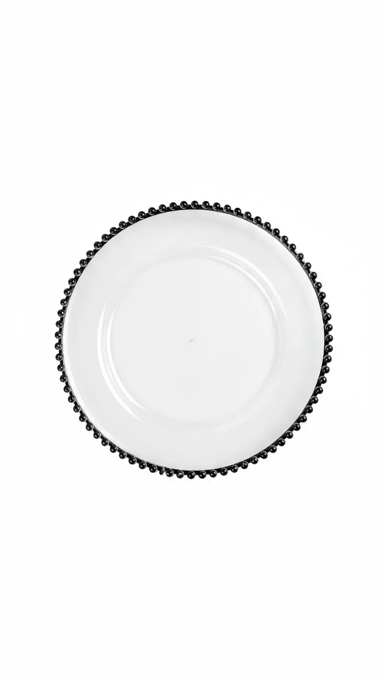 Black trim beaded charger plate rental for galas and events in Chicagoland