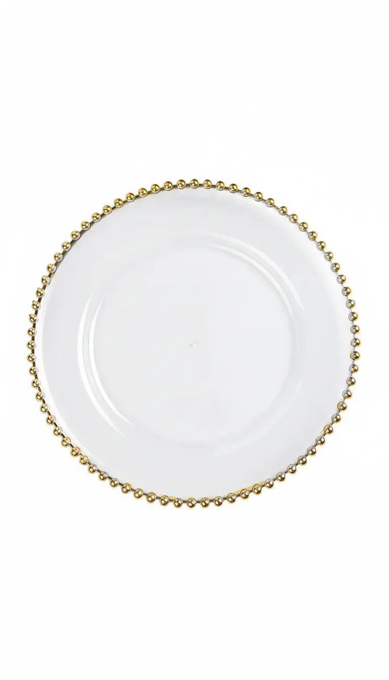Gold trim beaded charger plate rental for weddings in Chicago suburbs