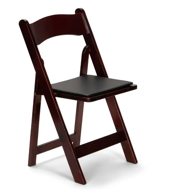 Mahogany folding chair rentals for rustic weddings and outdoor events in Chicagoland