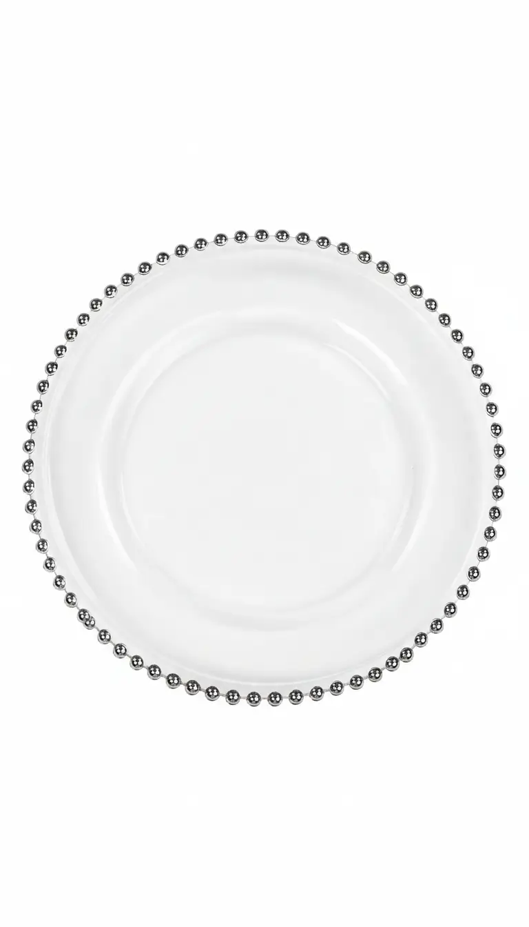 Silver trim beaded charger plate rental for formal events in Northwest Indiana