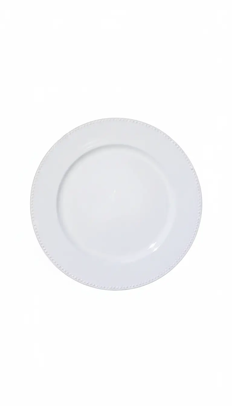 White beaded charger plate rental for weddings and banquets in Northwest Indiana