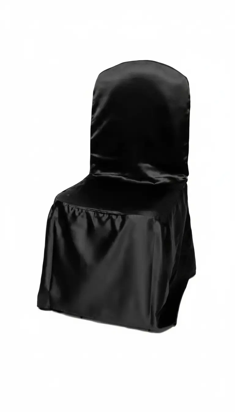 Black satin chair cover rentals for galas and corporate events in Northwest Indiana