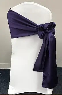 Satin bow on side chair sash rental for banquets in Chicago suburbs