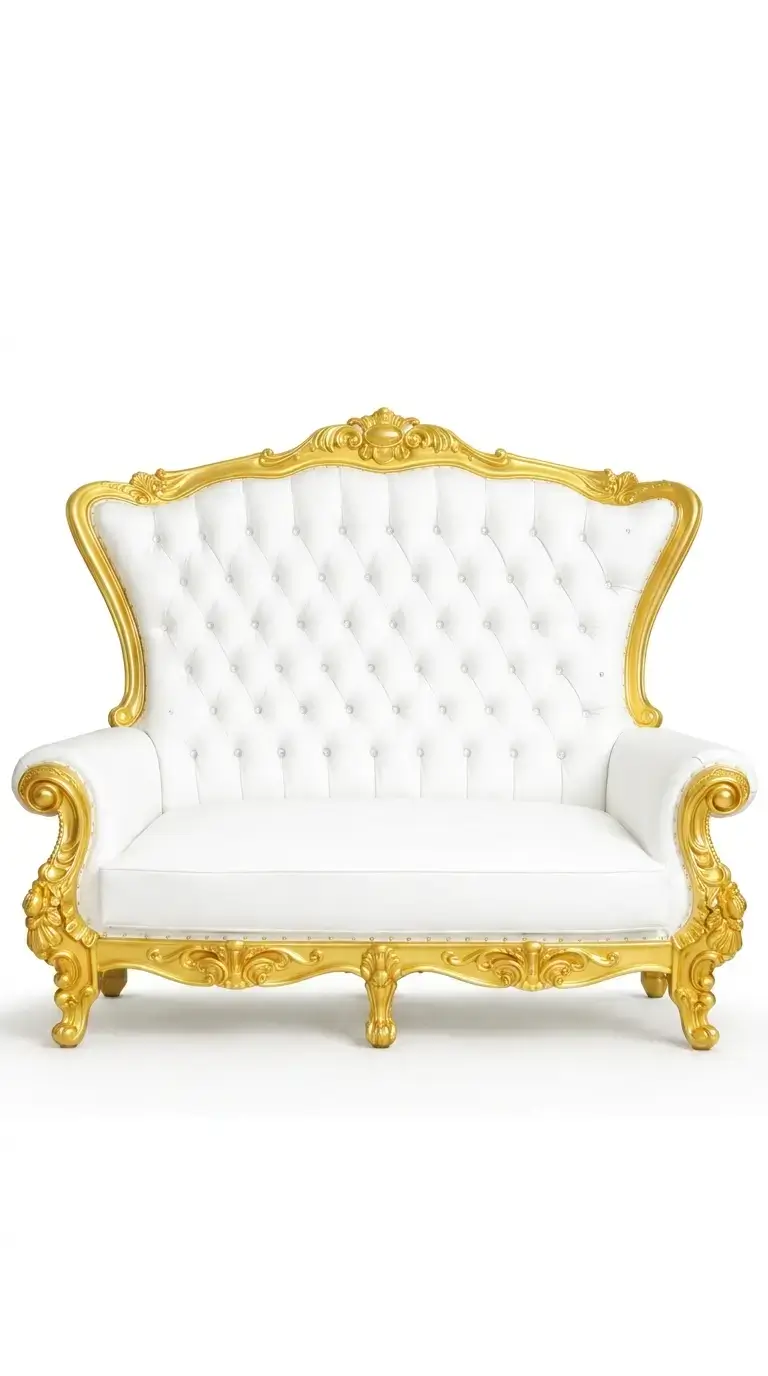 Gold tufted loveseat couch rental for weddings and quinceañeras in Chicagoland