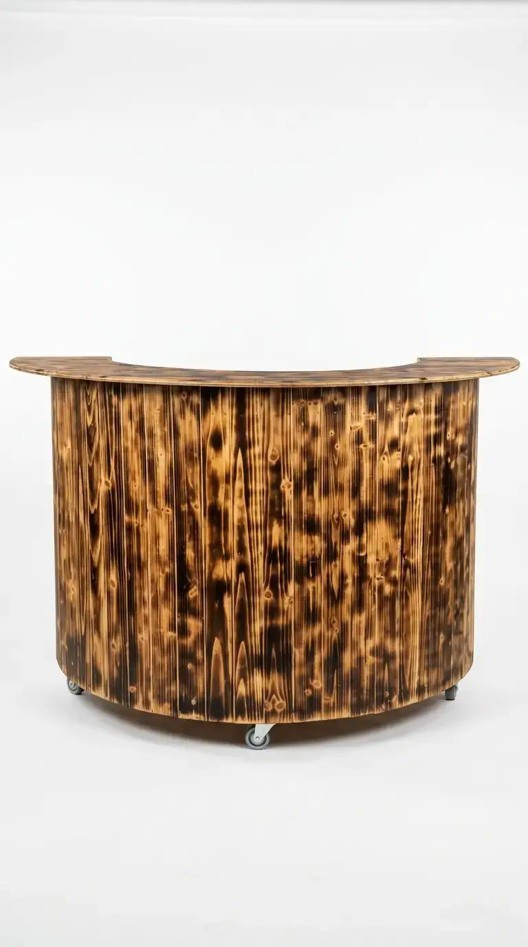 Rustic wooden curved event bar rental for weddings and outdoor events in Chicagoland