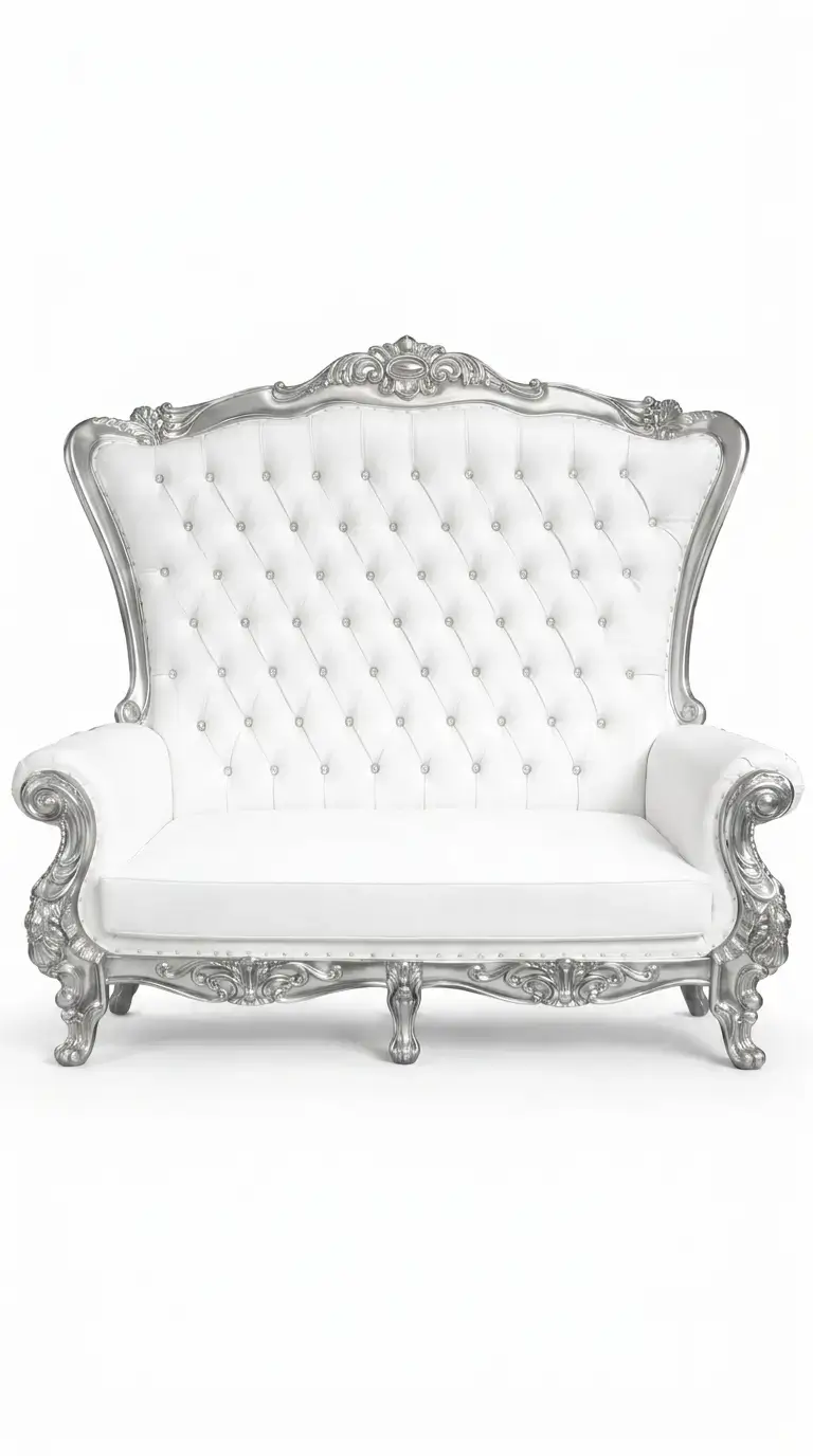 Silver tufted loveseat couch rental for weddings and celebrations