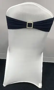 Spandex band gold buckle chair sash rental for weddings in Northwest Indiana