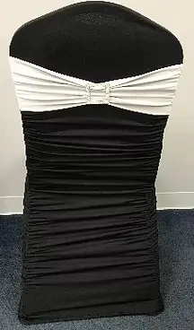 Spandex band silver buckle chair sash rental for events in Chicago suburbs