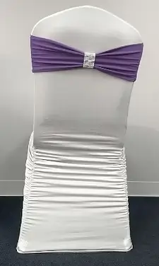 Spandex band silver mesh chair sash rental for formal events in Chicagoland