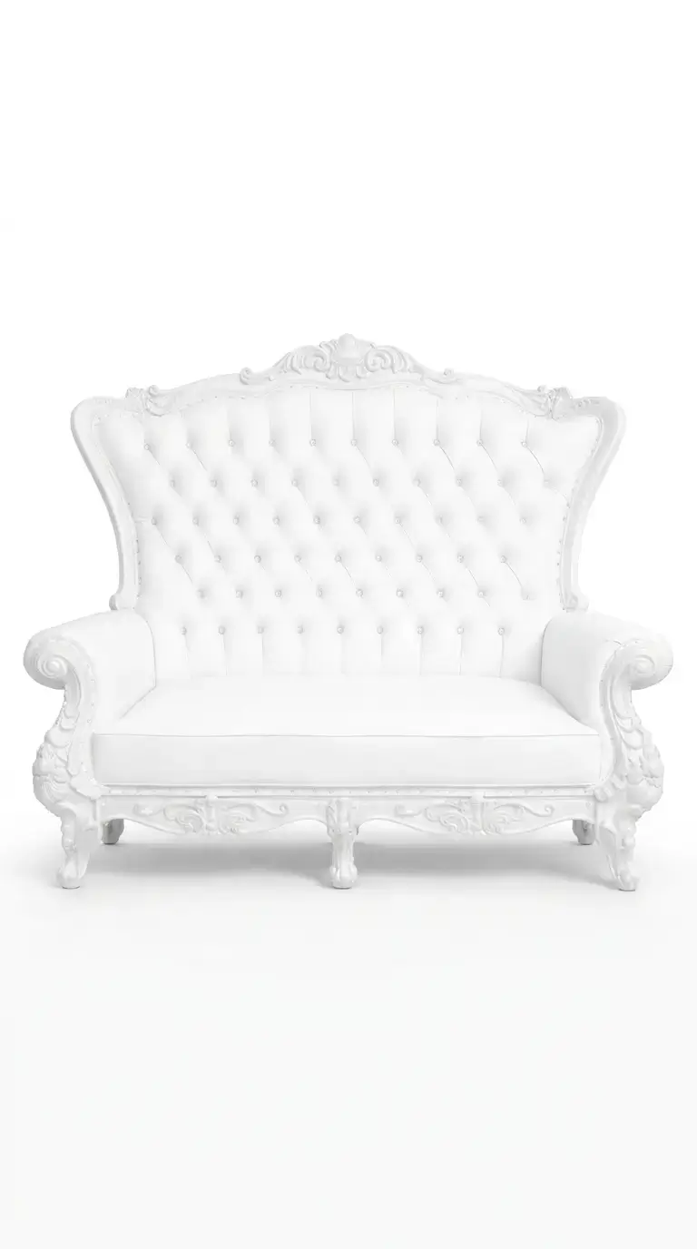 White tufted loveseat couch rental for weddings and events in Chicagoland