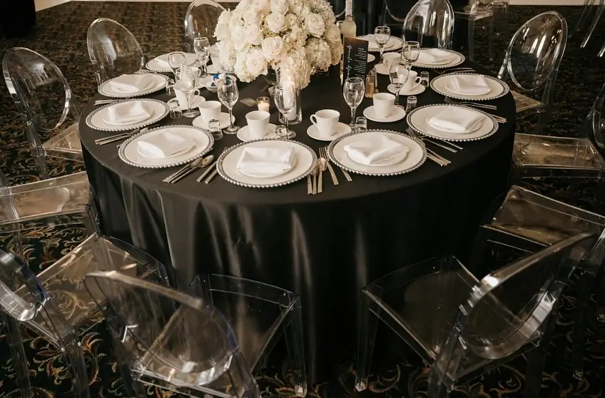 Black satin lamour tablecloth rental for events Chicagoland and Northwest Indiana