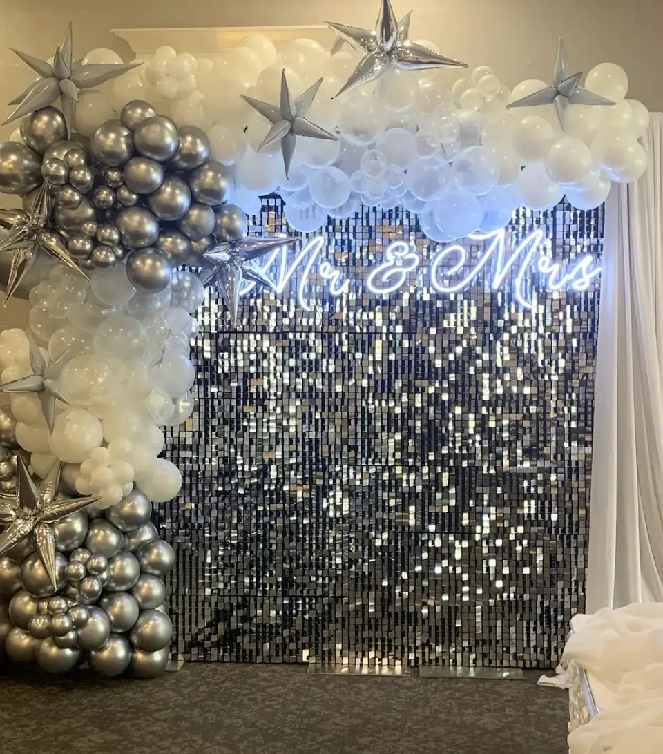 Silver bridal shower backdrop rental serving Chicagoland and Northwest Indiana
