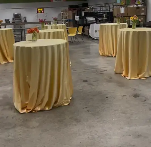 Buttercup satin lamour tablecloth rental for events in Chicagoland and Northwest Indiana