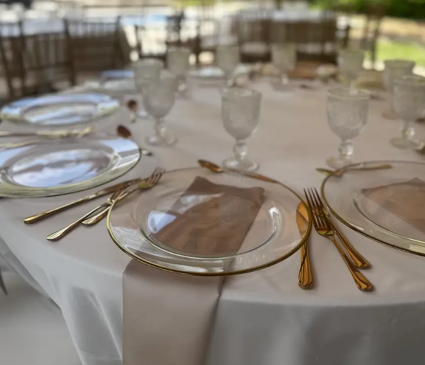 Full tableware setup chargers flatware glassware rental Chicago Chicagoland IL