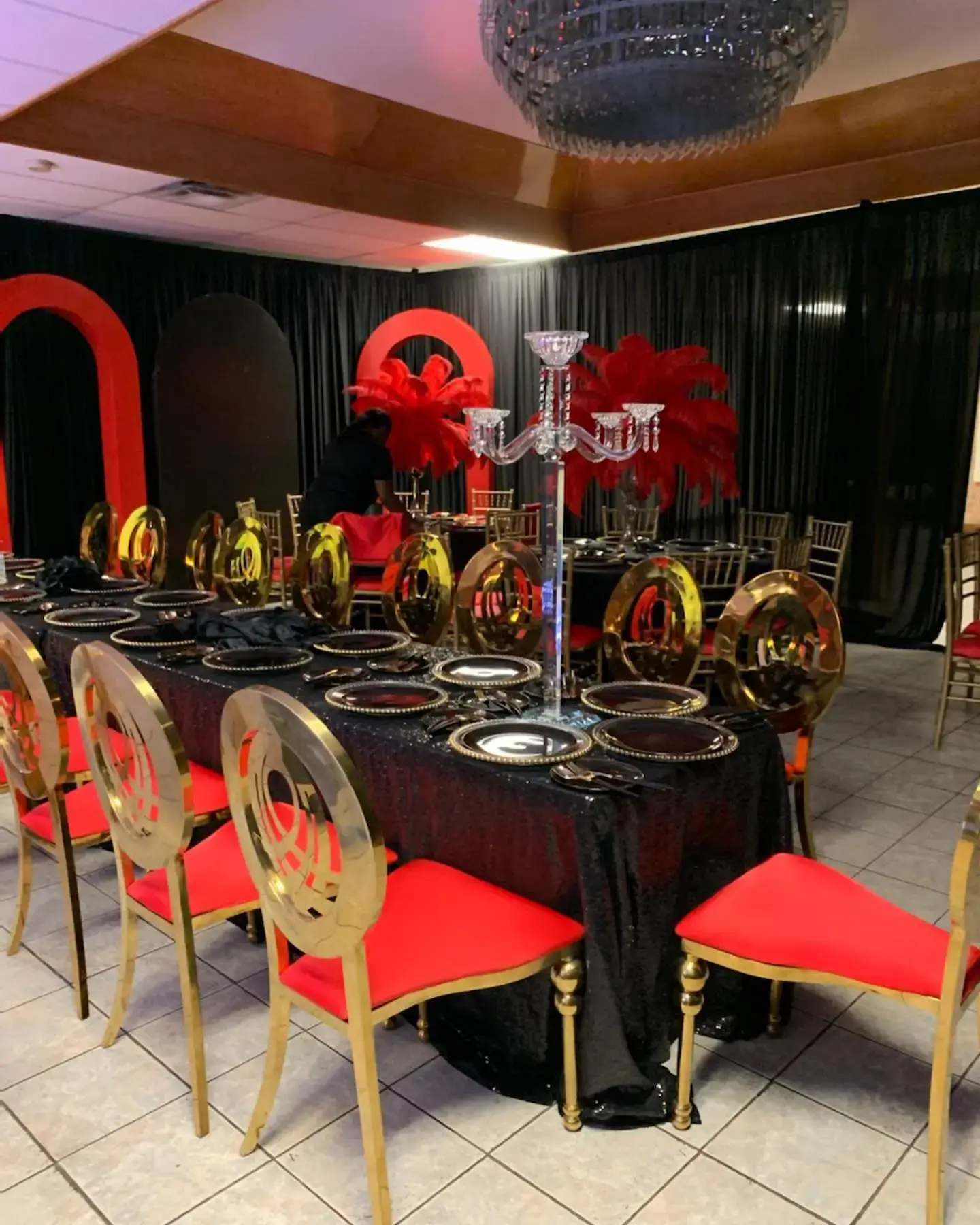 Gold metallic chair with red cushion rental for events Chicagoland IL