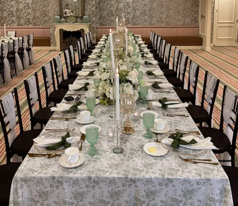 Green french toile linen with candle decor rental for events Chicagoland IL