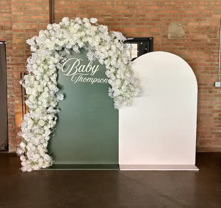 Green and white floral baby shower backdrop rental Chicagoland and Northwest Indiana