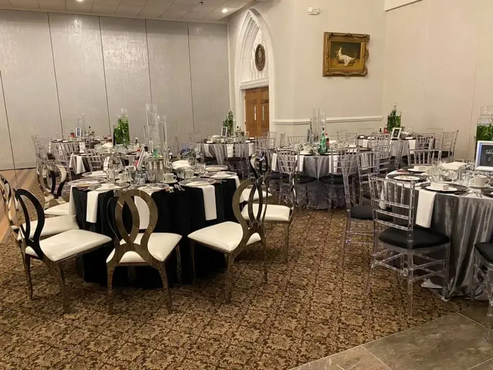 Silver metallic chiavari chair with black cushion rental Chicagoland IL
