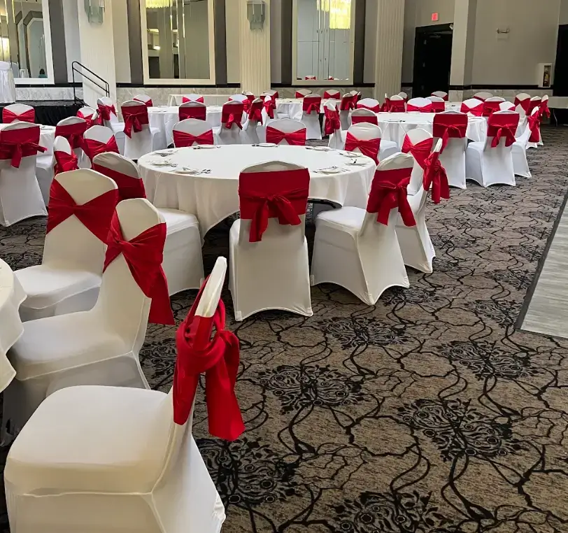 White spandex chair covers with reed sash rental Chicago Naperville Orland Park IL